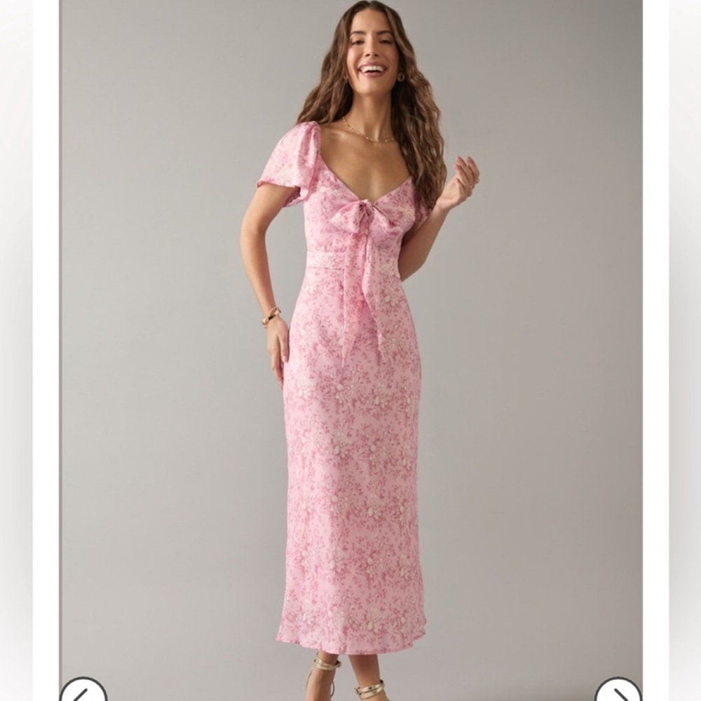 francescas maria pink floral bow tie front silky midi dress size small NEW